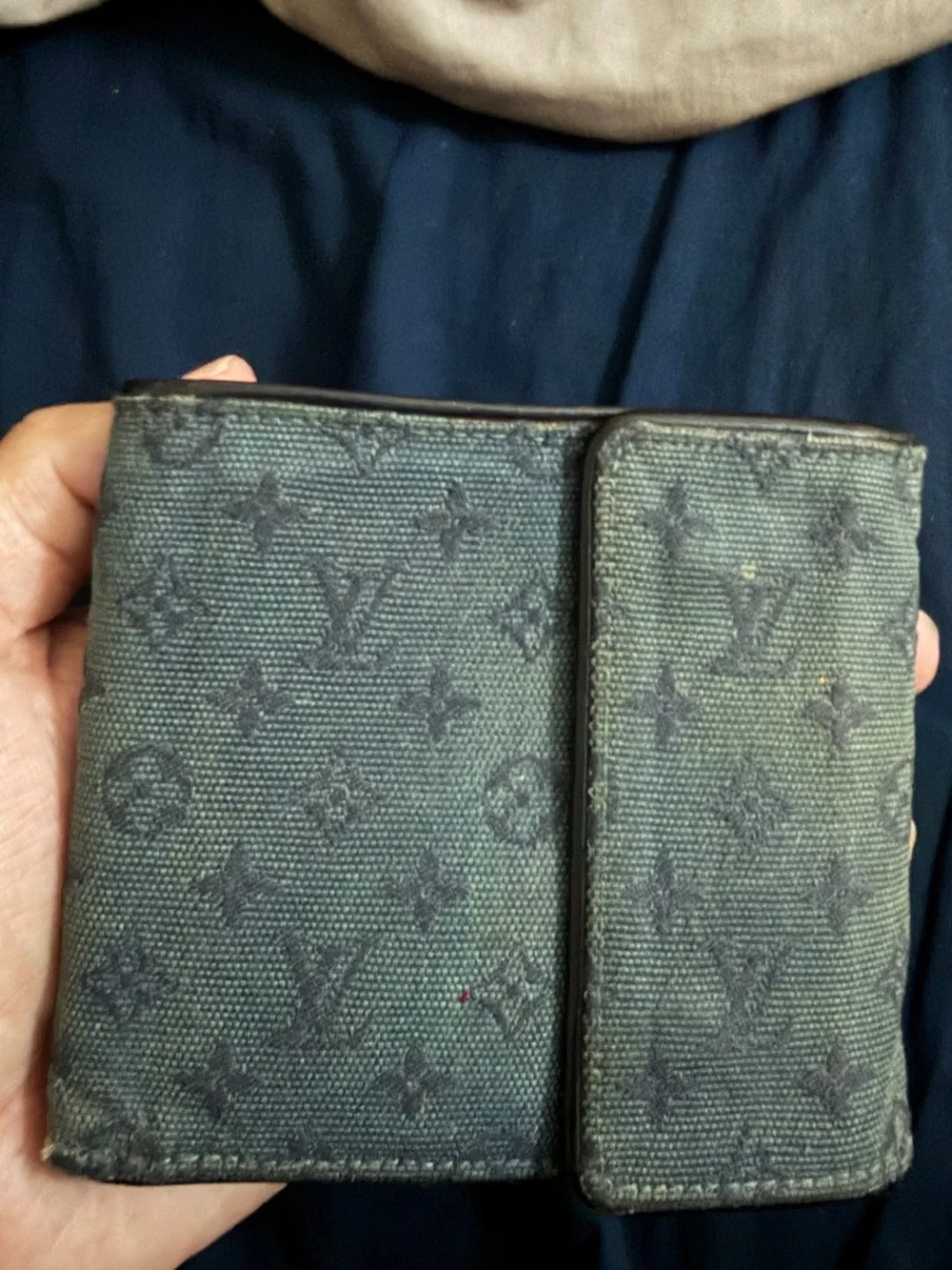 Louis Vuitton Mini Lin Compact Wallet Monogram Navy Blue Pre-Owned